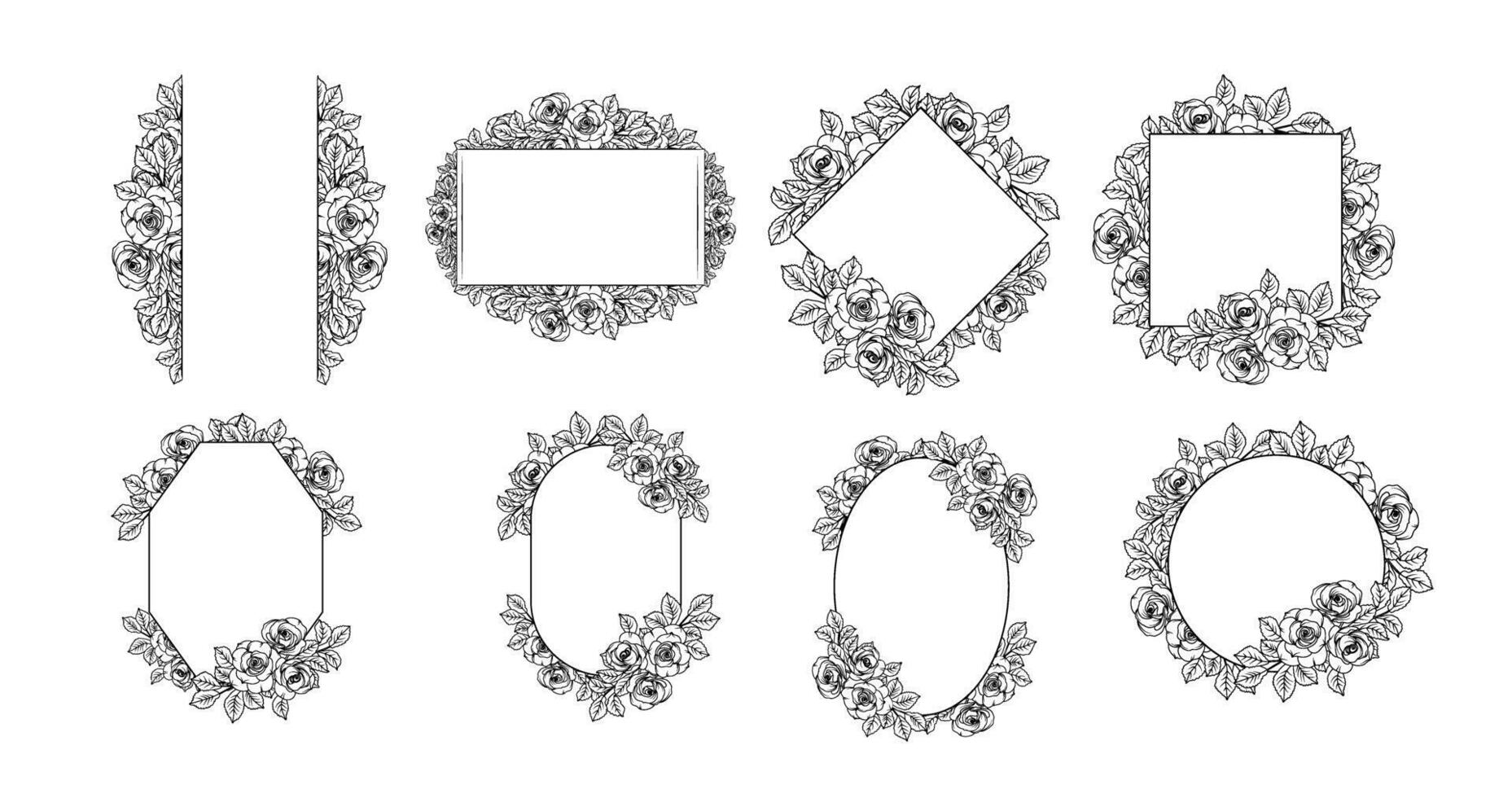 Set of eight floral frames with roses in geometric shapes hand drawn illustration isolated on white background, decorative ornament vintage botanical flower nature wreath vector