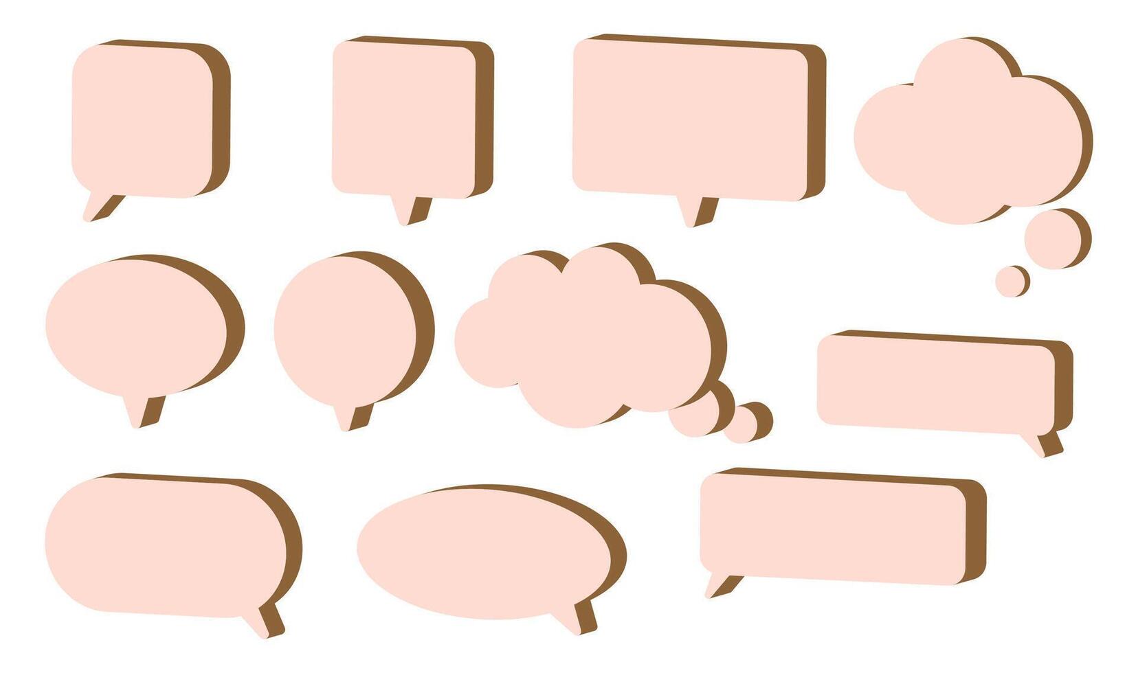 Set of blank 3D speech and thought bubbles in various shapes with an isometric effect for comics, graphic design, stickers, posters, presentations, social media, messaging apps. illustration vector