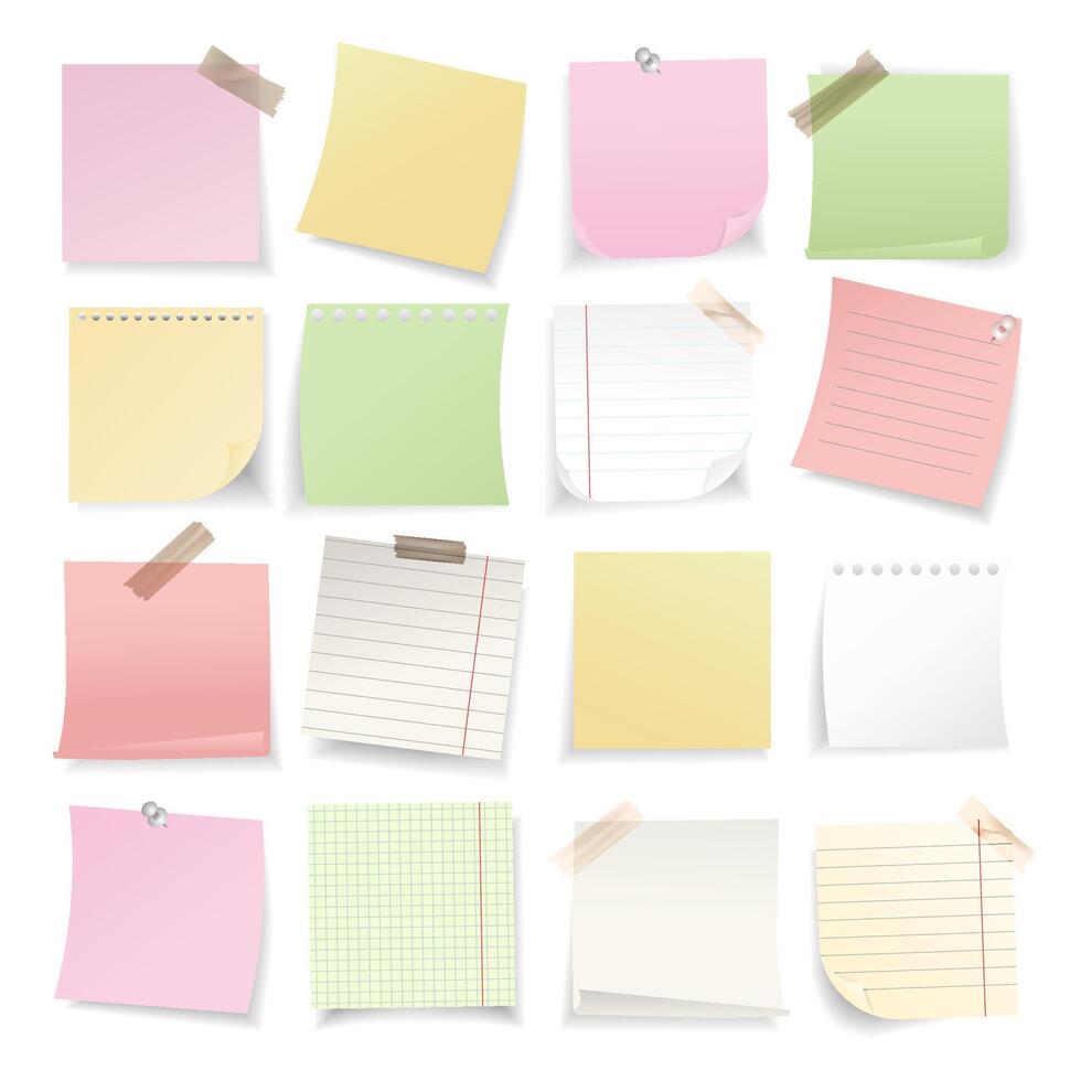 Collection of colorful sticky notes, lined and grid paper sheets attached with tape and pins.Realistic memo paper for planners, reminders,to do lists,presentations,design templates. illustration vector