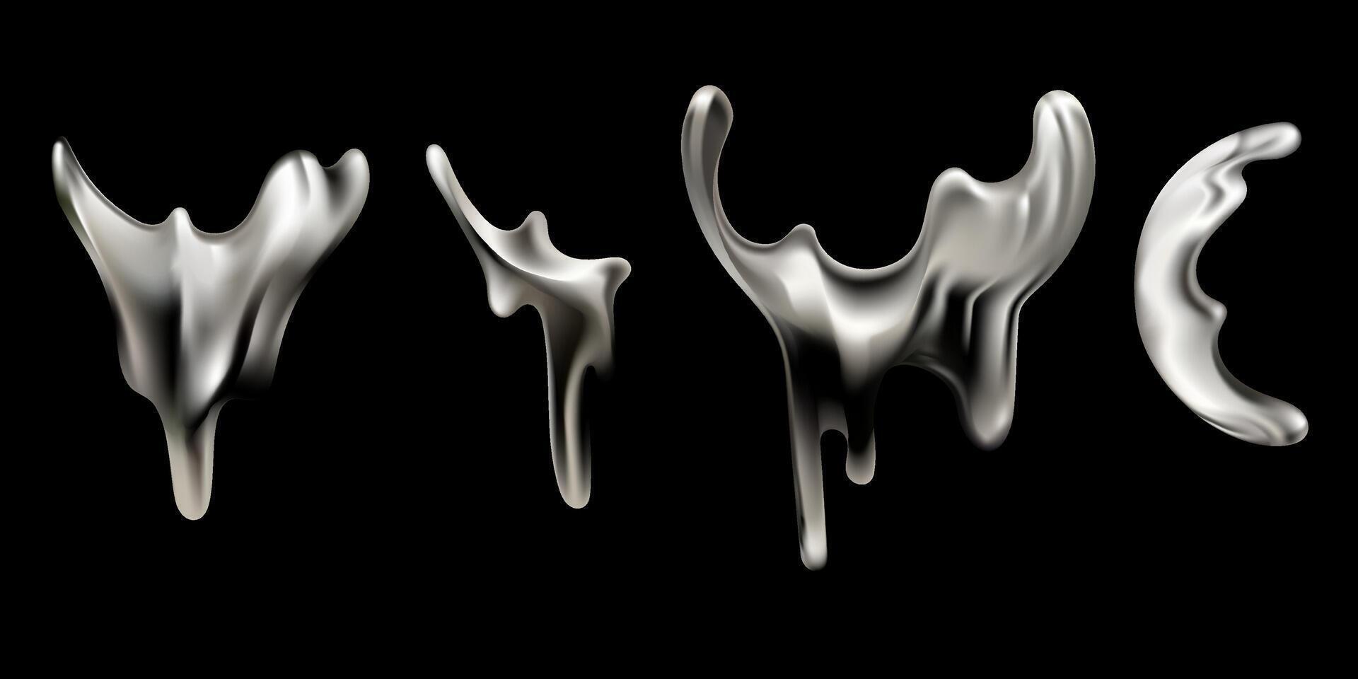 Abstract Chrome metallic liquid shapes drips with a glossy silver texture on a black background for futuristic designs, digital art, sci fi concepts, graphic design elements. illustration set vector
