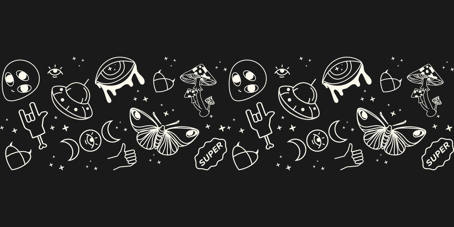 Doodle psychedelic elements seamless pattern border on a dark background for print, wallpapers, textiles, packaging, stationery,posters,digital backgrounds,apparel, and merchandise. illustration vector