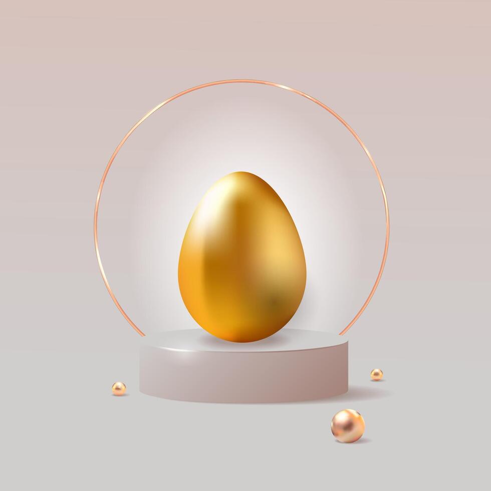 Luxurious 3D rendered golden egg displayed on a modern pedestal with soft lighting. Ideal for luxury branding, financial concepts, Easter themes, investment visuals, promo,product presentation. vector