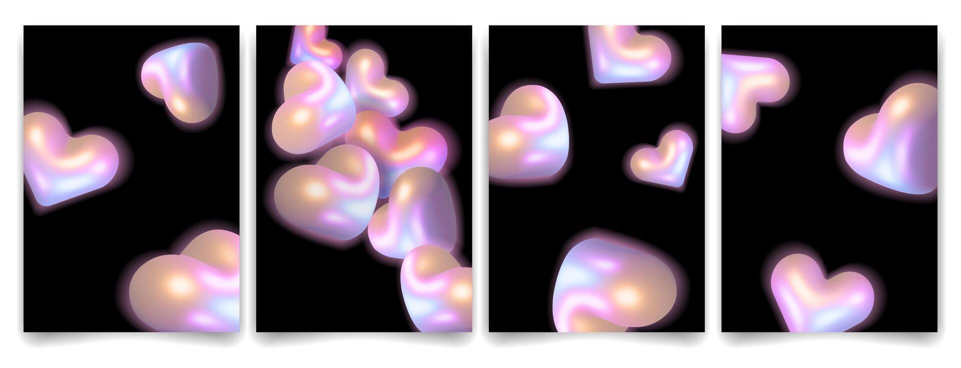 Iridescent 3D hearts with pearlescent glow floating on black background Set. Modern and futuristic romantic design, perfect for Valentine's Day, posters, cover, banner, digital art. illustration vector