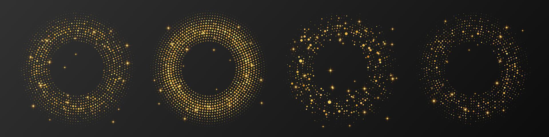 Abstract gold glowing halftone background. Set of four gold glitter patterns in circle form. Circle halftone dots. illustration vector