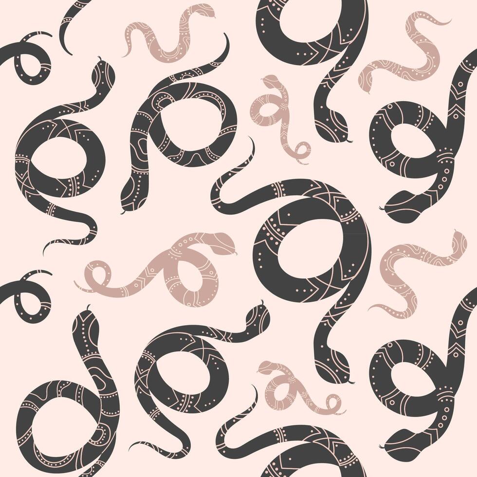 Seamless boho snake pattern with tribal ornamental details. Stylized snakes with intricate tribal and folk patterns. Abstract bohemian motif for fabric, print, wallpaper, web. illustration vector
