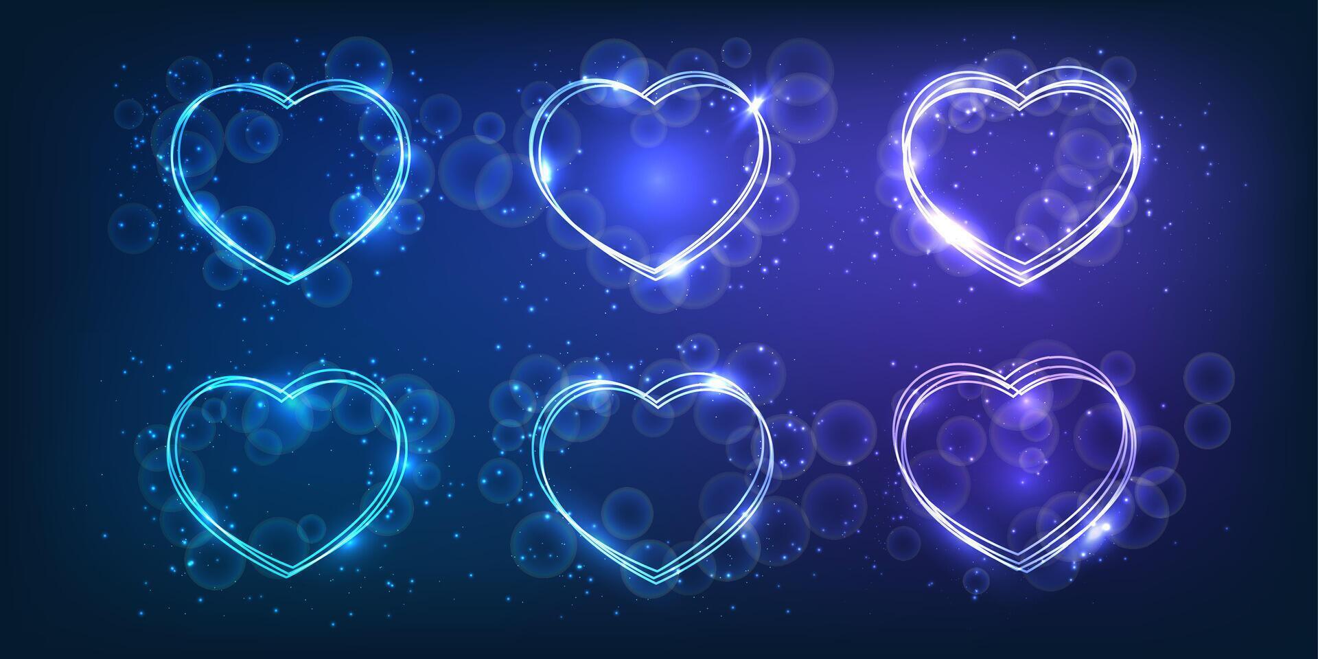 Set of neon frames in heart form with shining effects and sparkles on dark background. Empty glowing techno backdrop. illustration vector