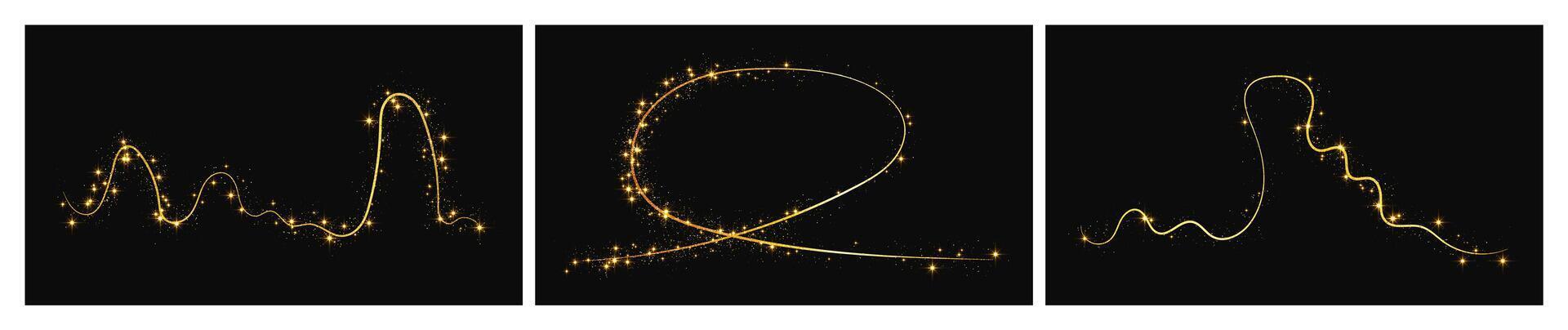 Gold glittering confetti wave and stardust. Set of three backdrops with golden magical sparkles vector