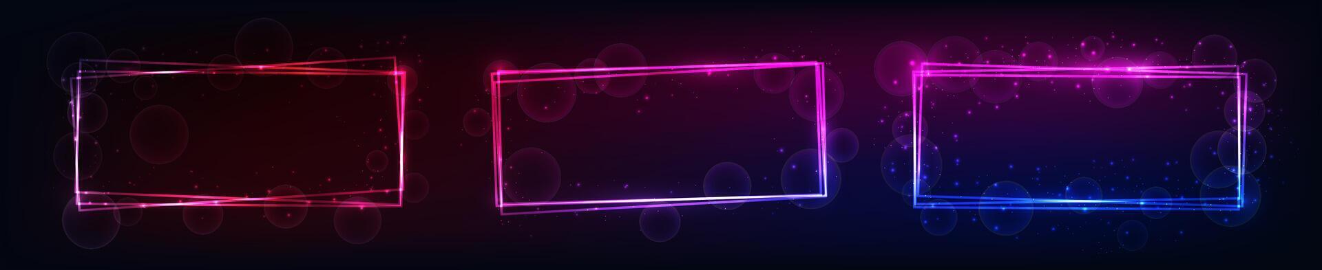 Set of three neon rectangular frames with shining effects and sparkles on dark background. Empty glowing techno backdrop. illustration vector