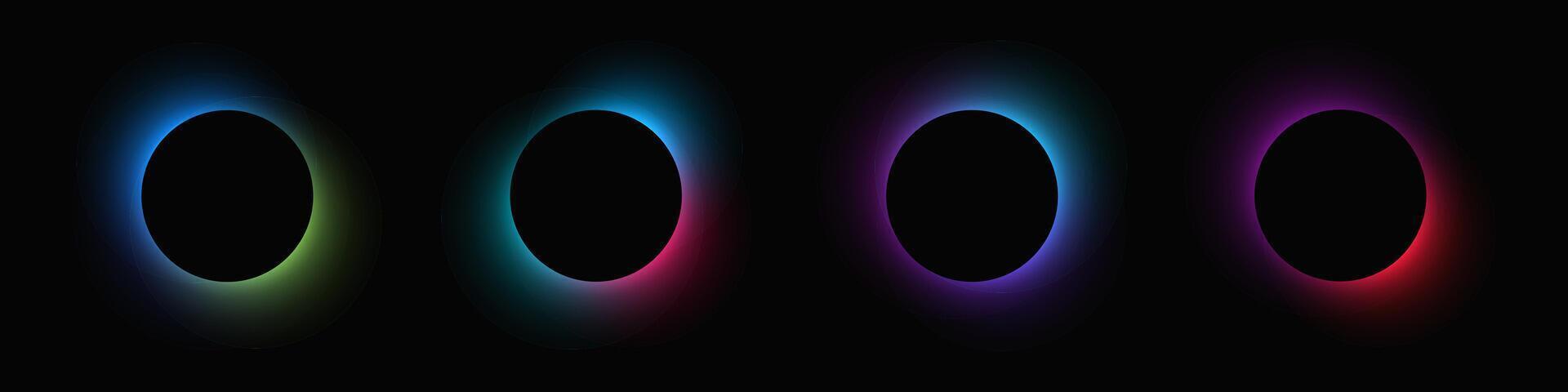 Circle illuminate frame with gradient. Set of four round neon banners isolated vector