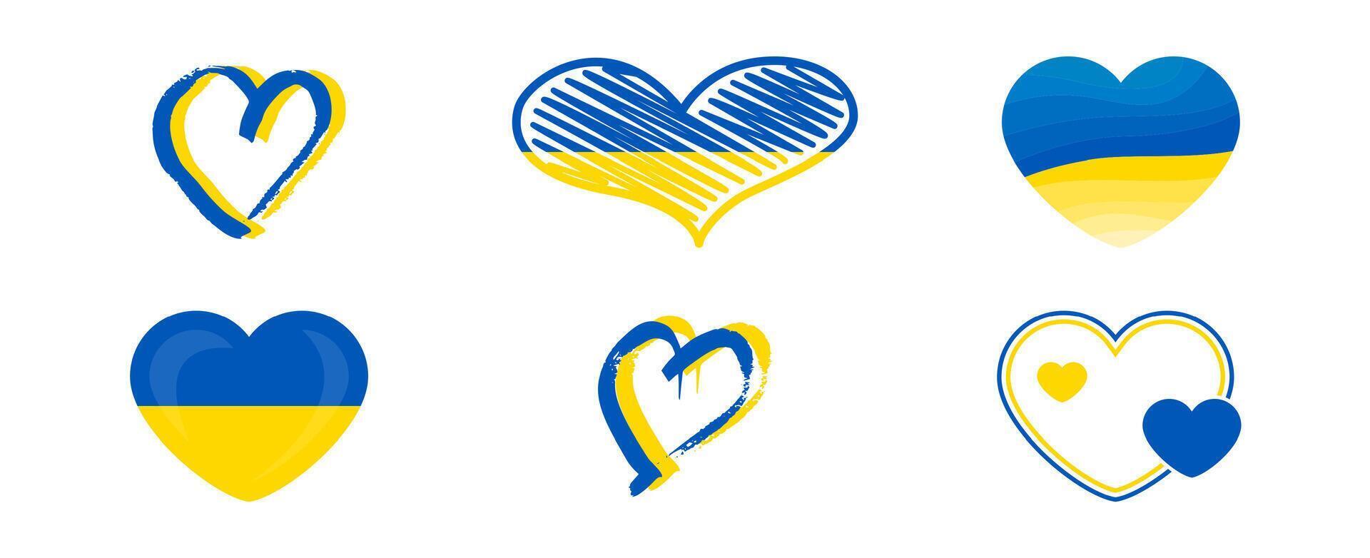 Hearts in Ukrainian colors. Set of different yellow and blue hearts on white background vector