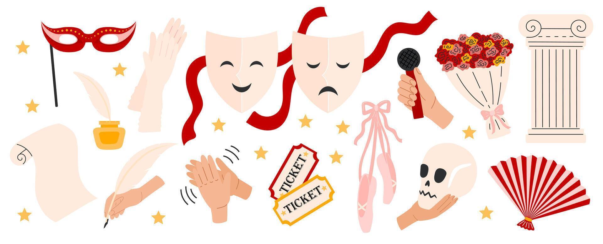Theater elements set. Theatrical comedy and drama mask, ticket, flowers, pointe shoes, ladis fan. Theatre Day stickers. Flat illustration isolated on white background vector