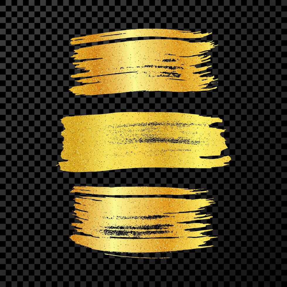 Set of three gold brush strokes. Hand drawn ink isolated on dark background. illustration vector