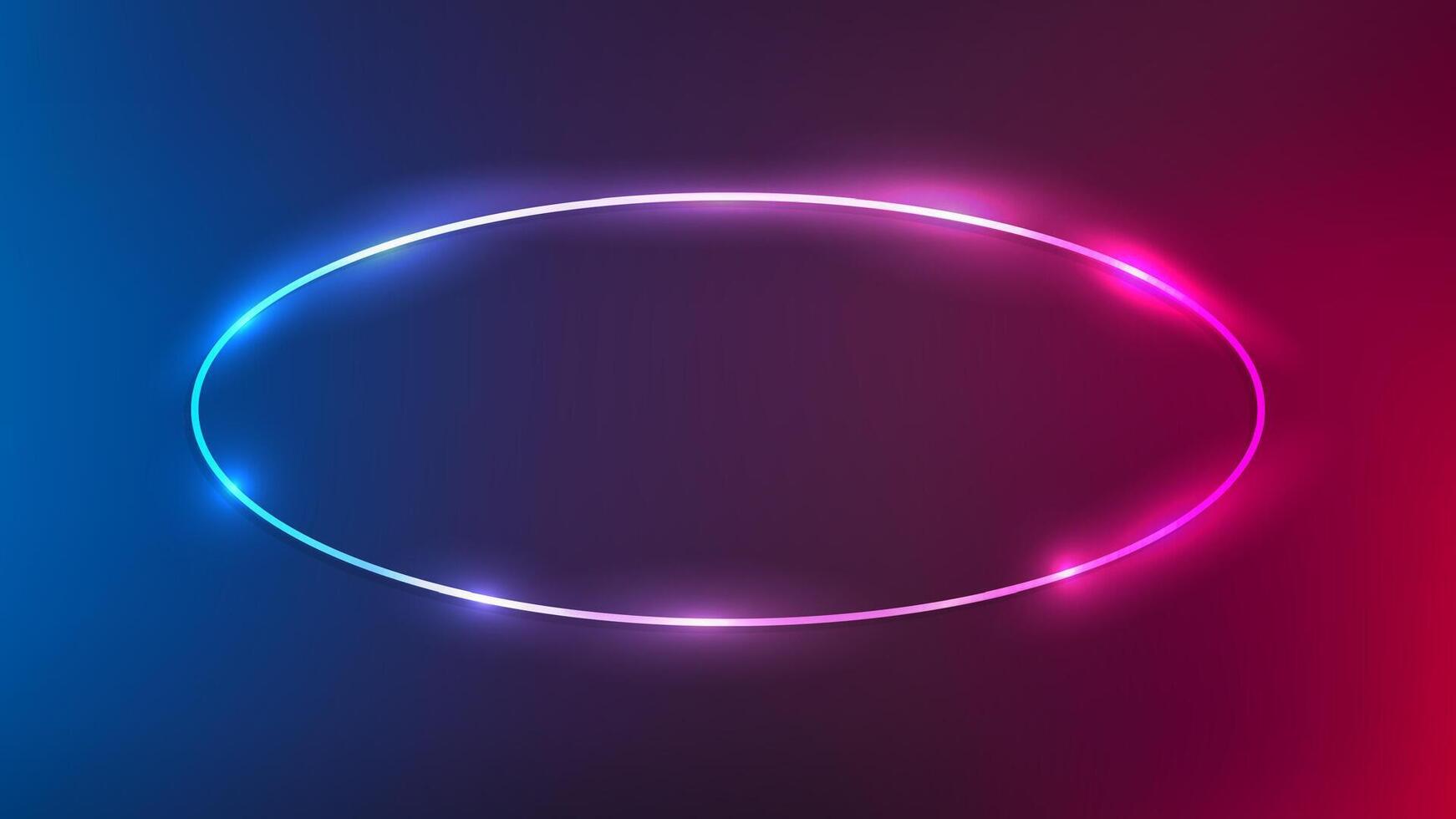 Neon oval frame with shining effects on dark purple background. Empty glowing techno backdrop. illustration vector