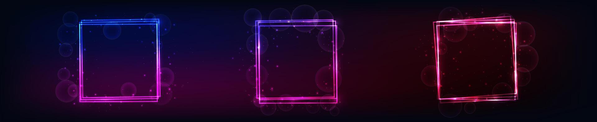 Set of three neon square frames with shining effects and sparkles on dark background. Empty glowing techno backdrop. illustration vector