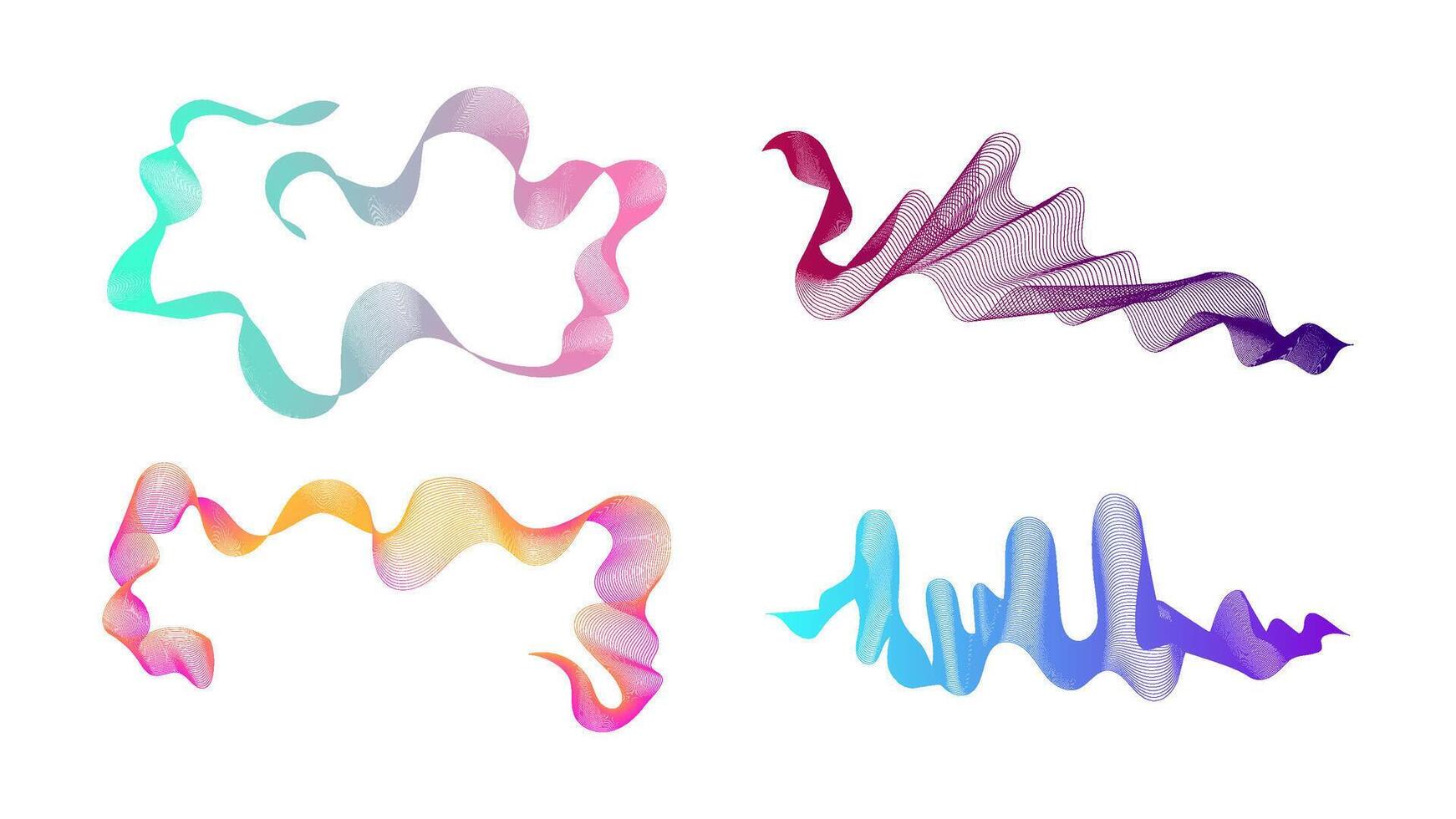 Curved wavy stripes. Set of four abstract colored gradient wave lines on white background. illustration vector