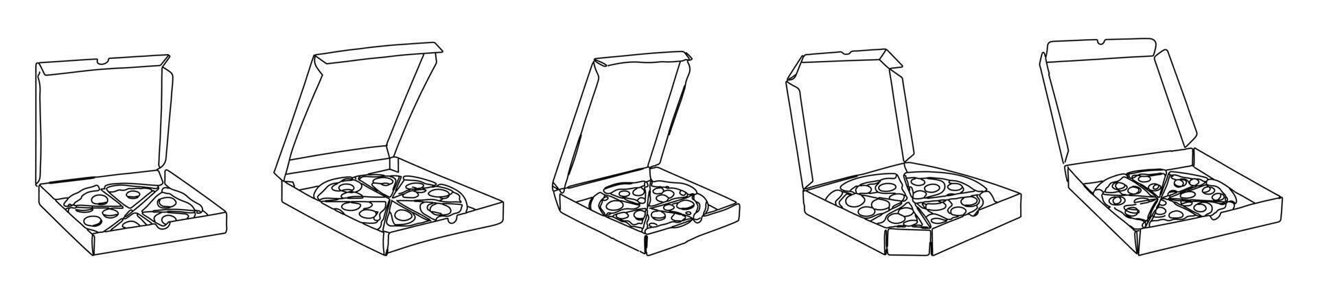 Hand-drawn pizza boxes and collection. Pizzas and boxes designed with continuous single-line drawing. vector