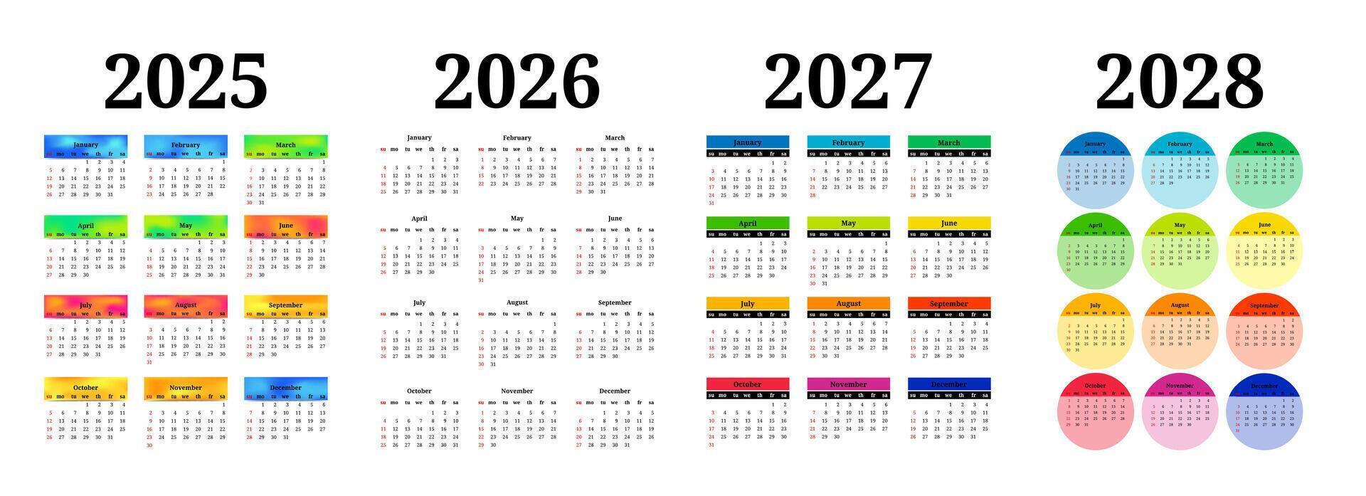 Set of four vertical calendars for 2025, 2026, 2027 and 2028 isolated on a white background. Sunday to Monday, template. illustration vector