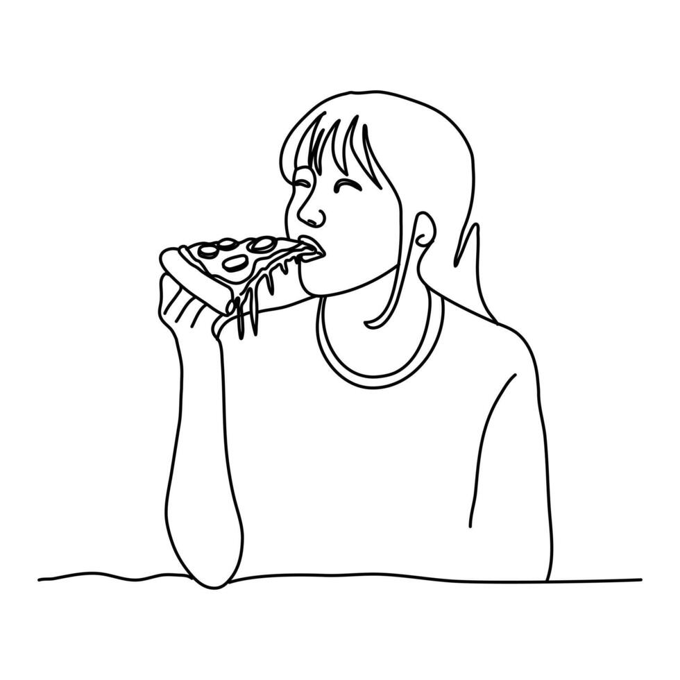 The girl eating a pizza slice can be a modern symbol for a pizzeria logo with its hand-drawn style. vector