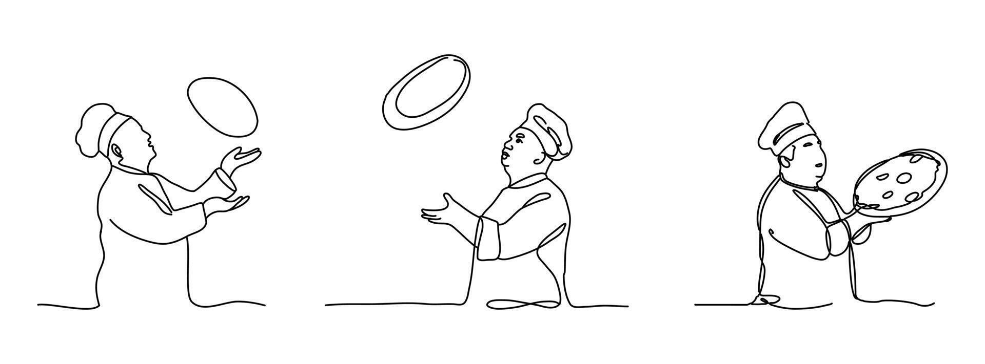 Italian Pizza Master collection. Chef Mascot. Male chef flips the dough in the air while preparing pizza in a traditional kitchen. vector