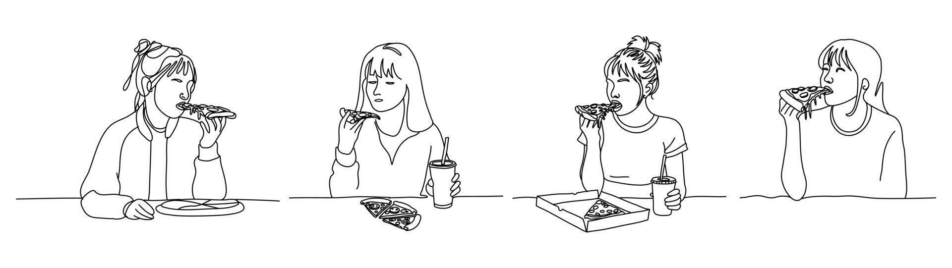 The drawing of a girl eating a hot pizza slice is a perfect alternative for a pizzeria logo or poster design. vector