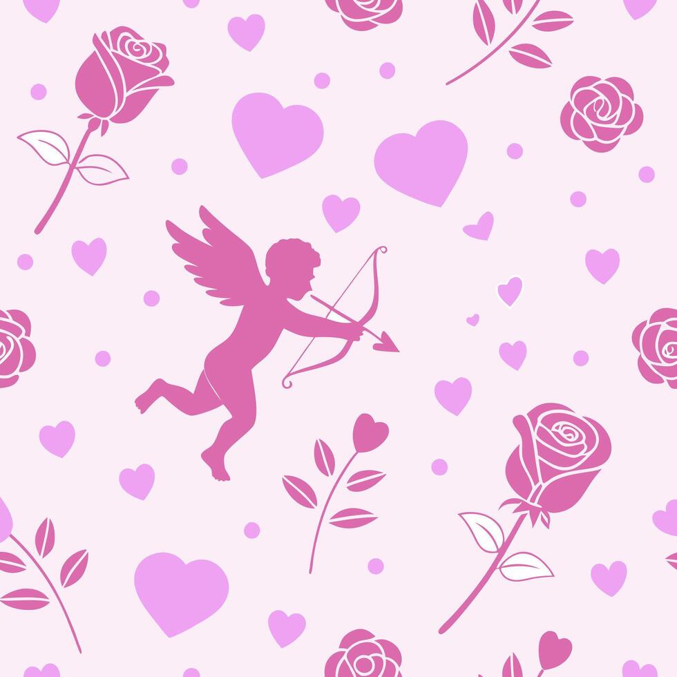 Valentine's day theme background. Seamless pattern with cupid hearts and flowers. Flat style. vector