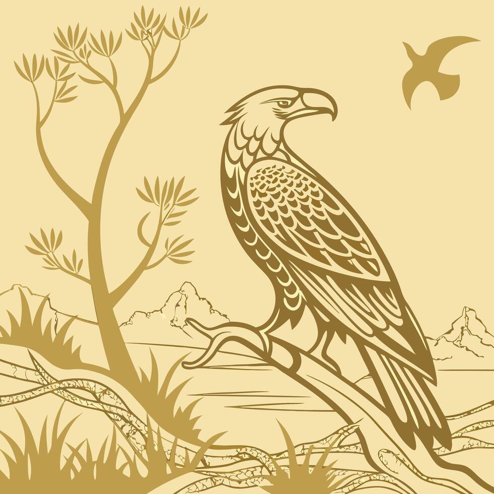 A linear illustration of a bird of prey sitting on a branch. Flat style illustration vector
