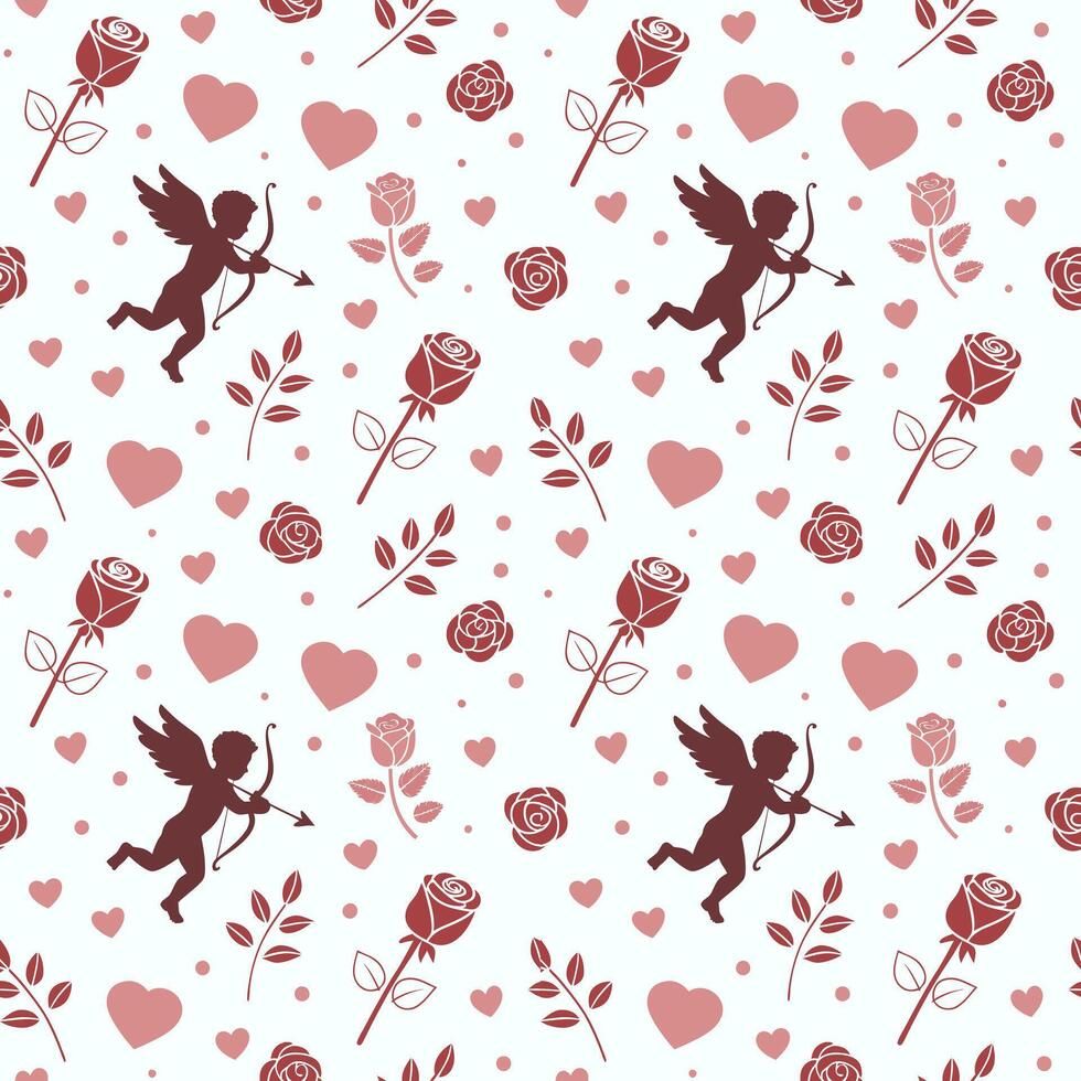Ornate seamless pattern with cupid hearts and flowers. Valentine's day theme background. Flat style vector