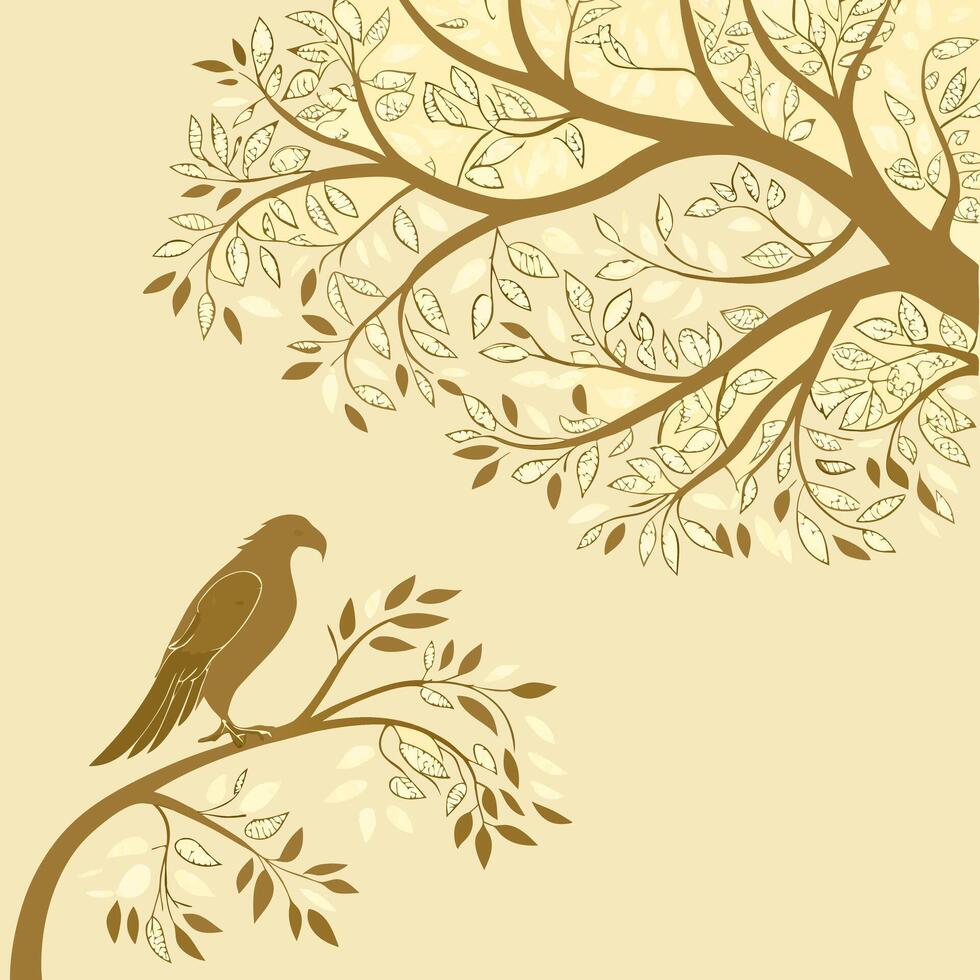 A linear illustration of a bird of prey sitting on a branch. Flat style image vector