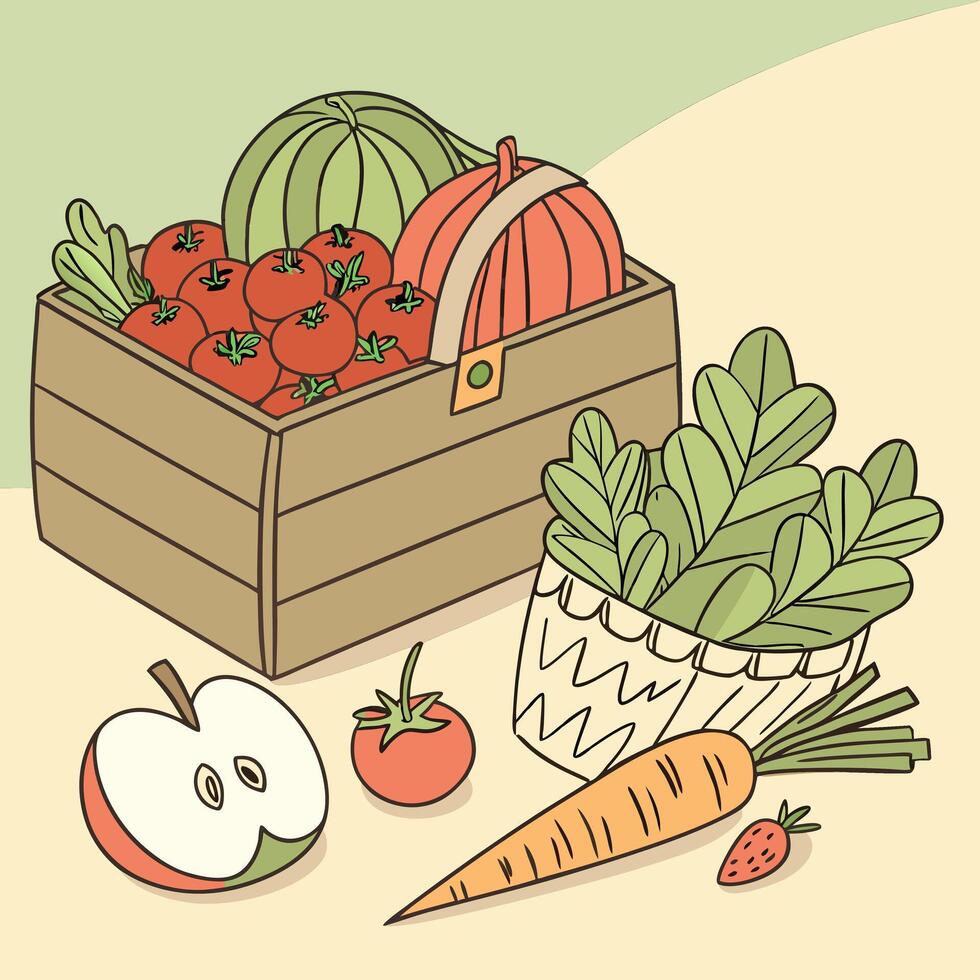 Organic food. Fresh farm vegetables in baskets. Flat style. vector
