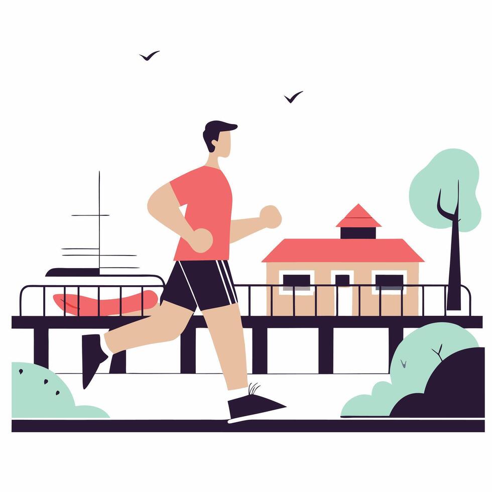 A man jogging by the waterfront. Flat style image vector