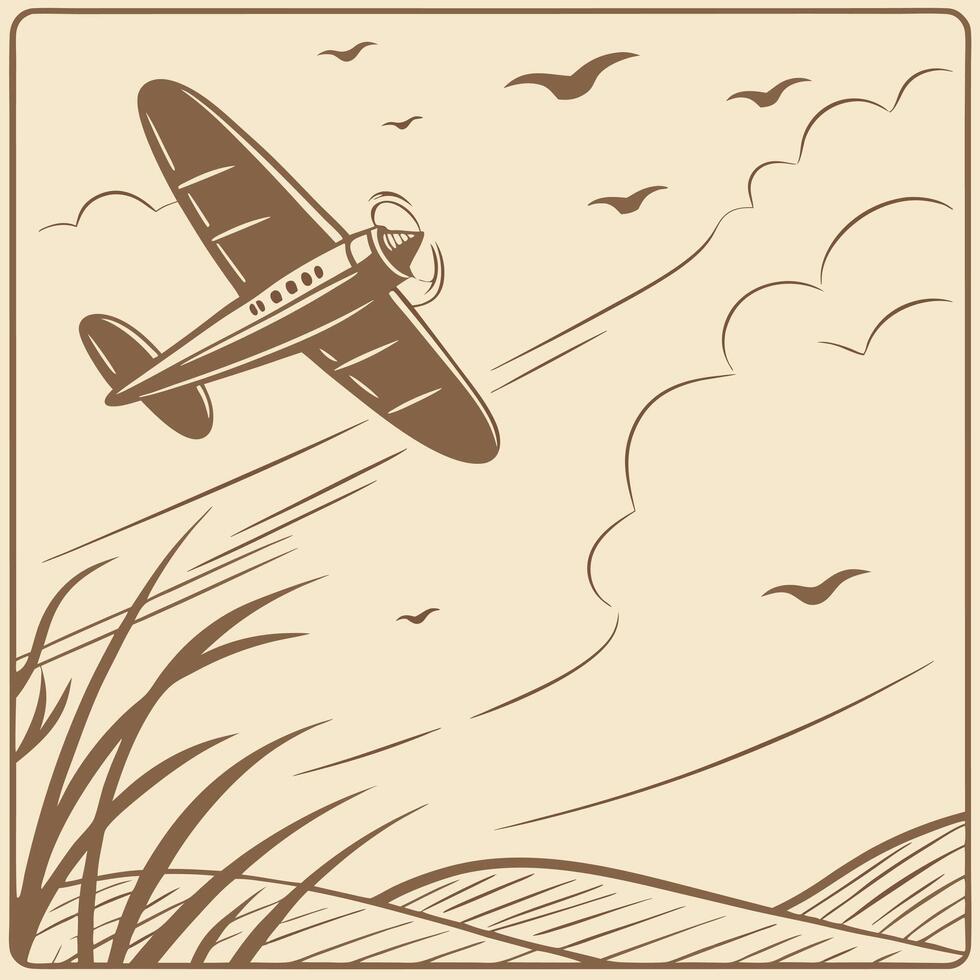 A flying plane image. Flat retro style vector