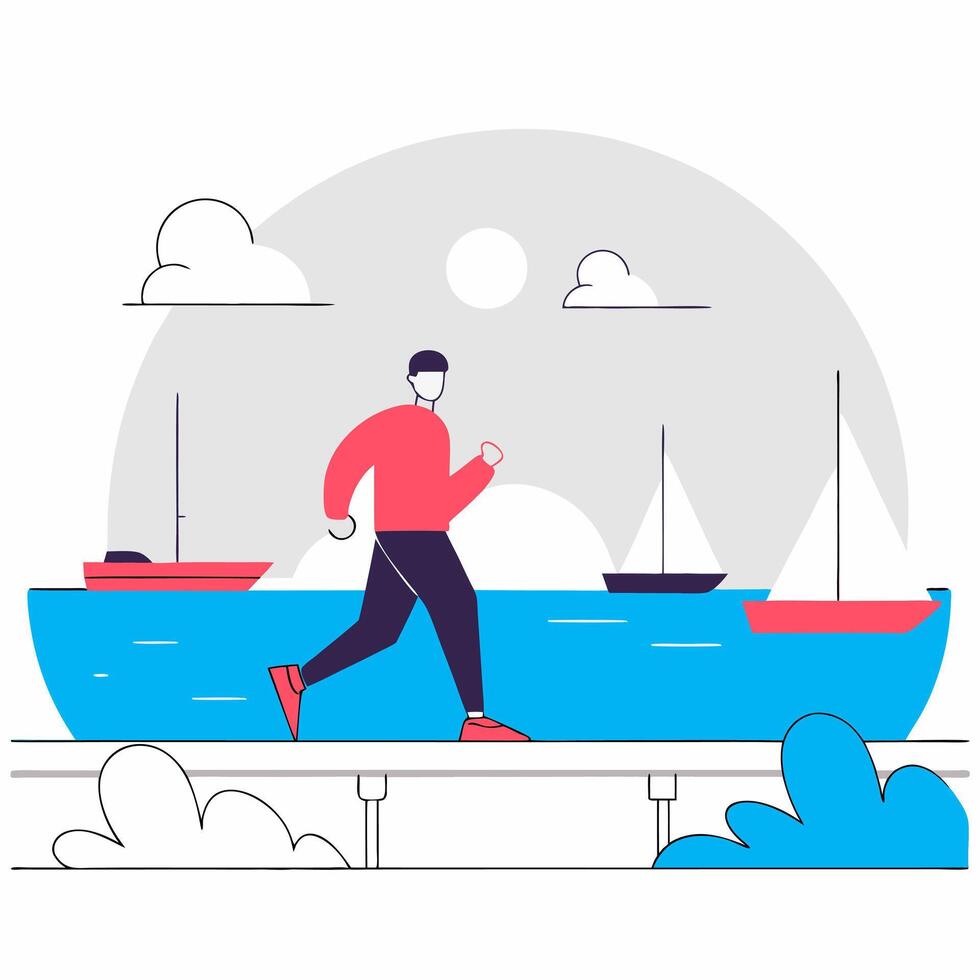 A man jogging by the waterfront. Flat style. vector
