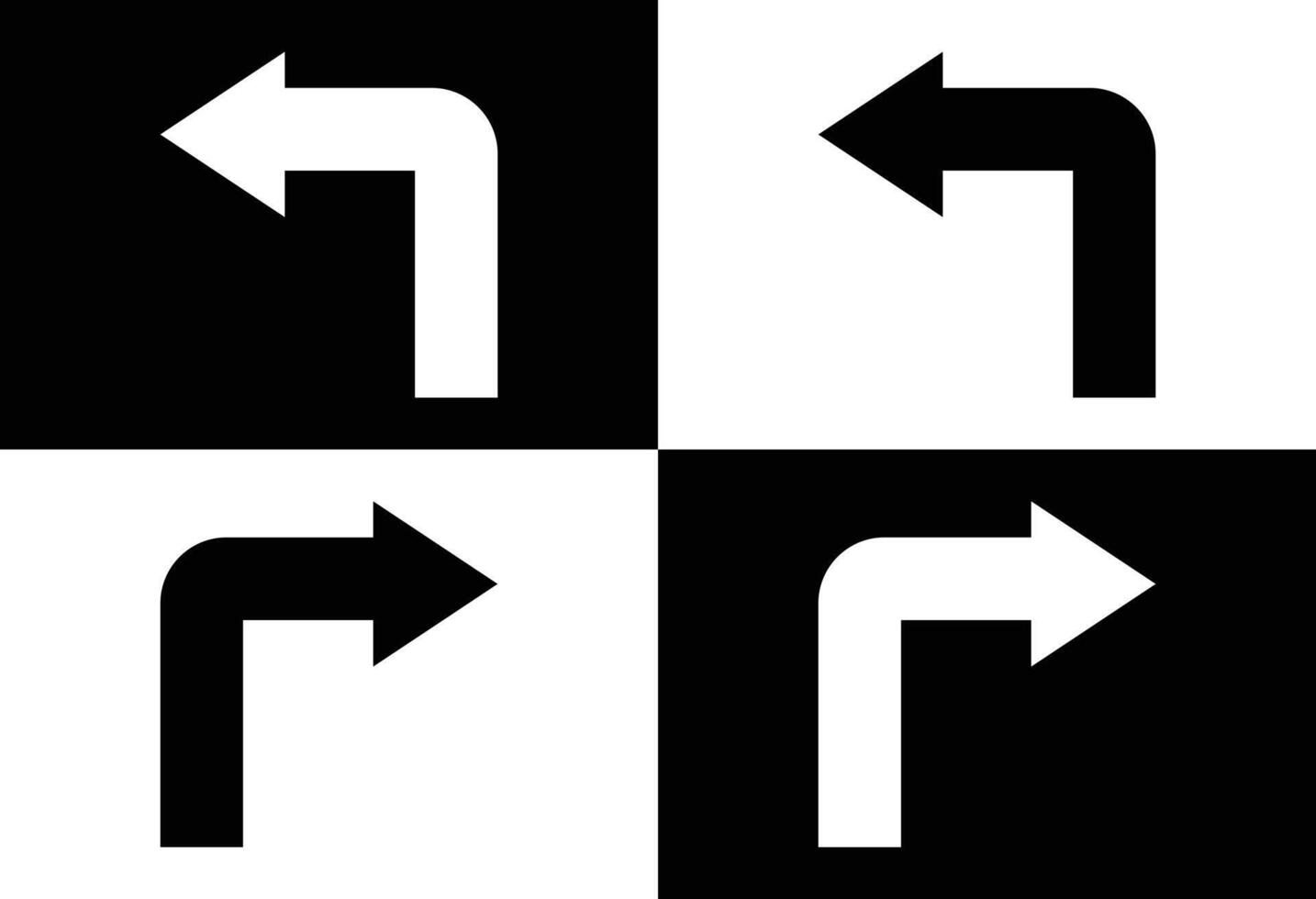 Right and Left Turn Arrow Icons on Black and White Background. vector