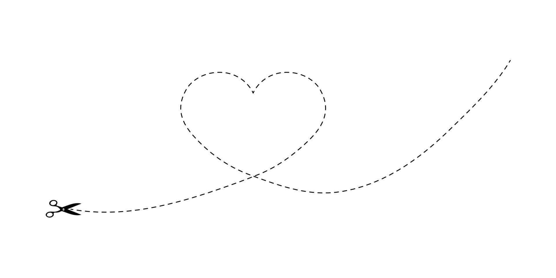 Heart shape with dotted line and scissors, symbolizing cutting love. vector
