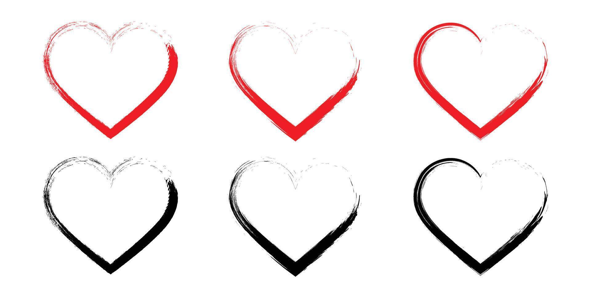 Hand Drawn Heart Shapes in Red, Black, and White. vector
