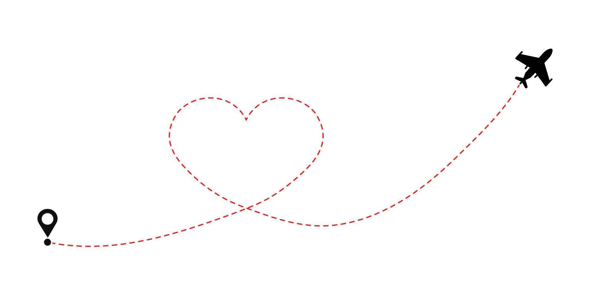 Heart shaped flight path airplane taking off on a journey of love. Love travel routes. vector