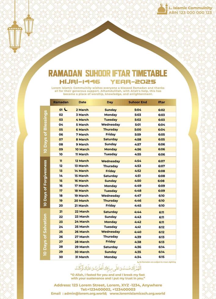 Editable Template for Ramadan Kareem 2025 Calendar with Sehri and Iftar Time vector