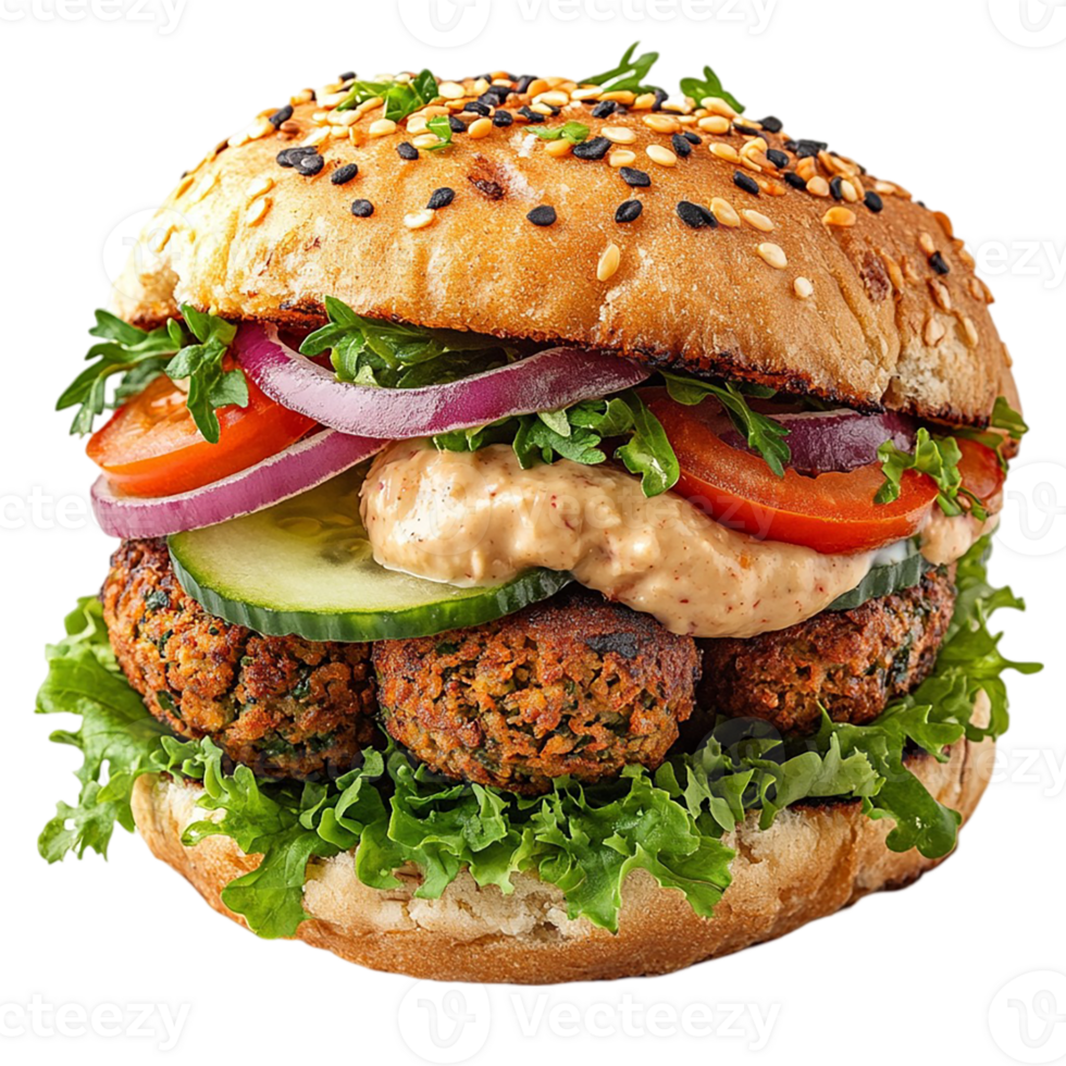 A large burger with vegetables and toppings png