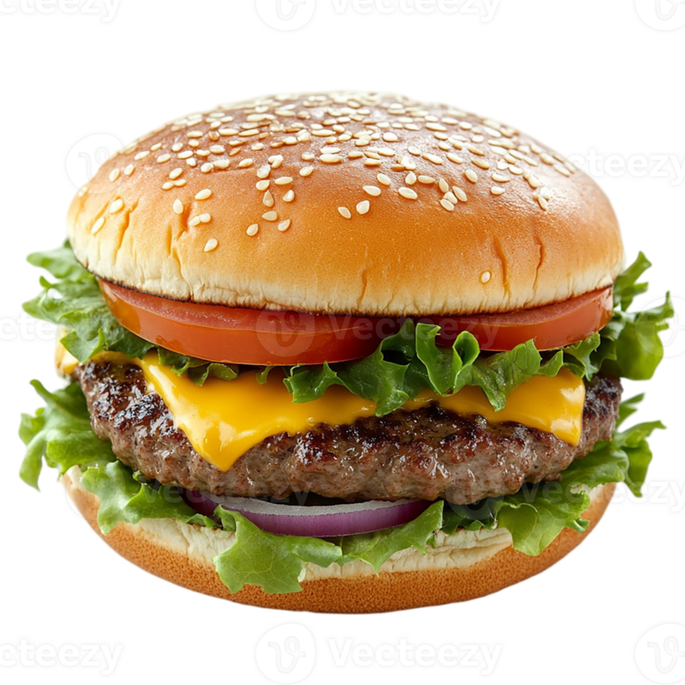 A hamburger with cheese, lettuce, tomato and onions png