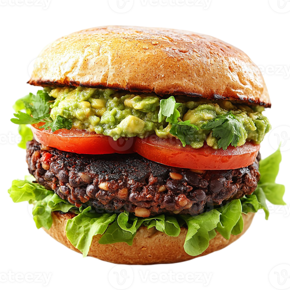 A hamburger with tomatoes and avocado on it png