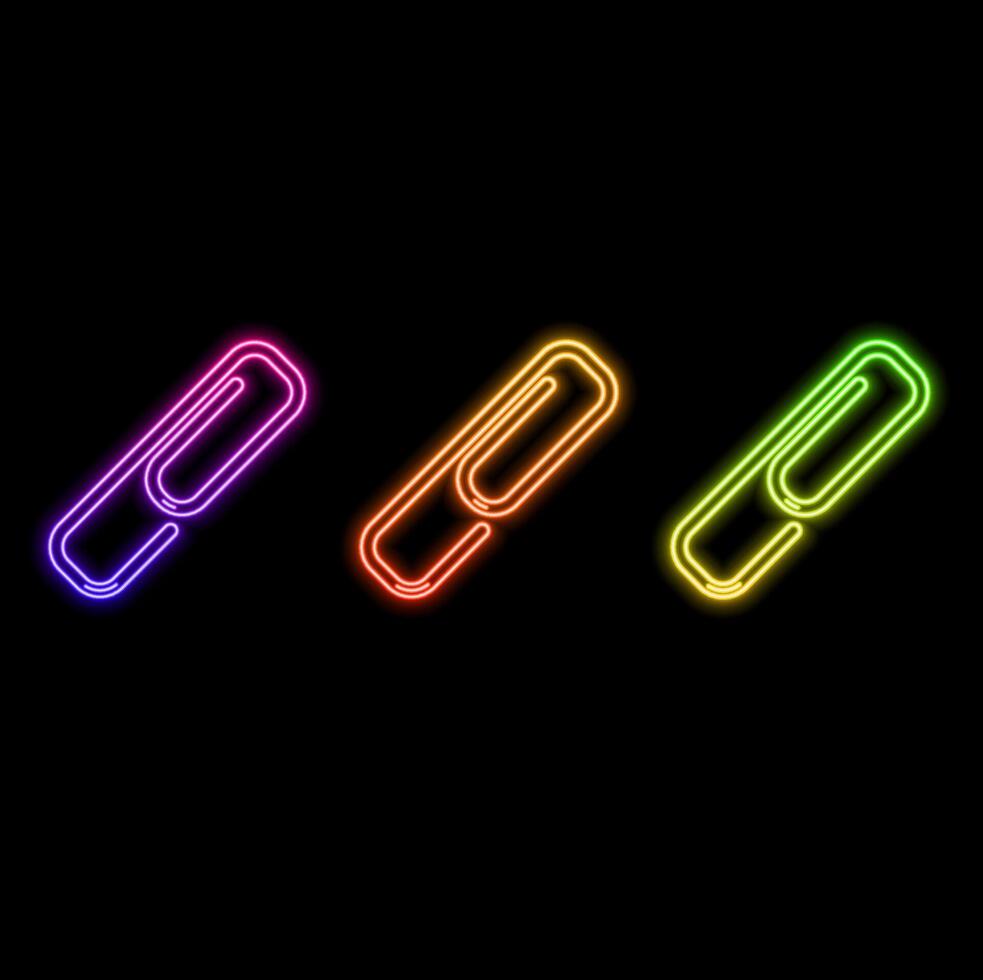 Glowing neon paper clip icon isolated on brick wall background. illustration vector