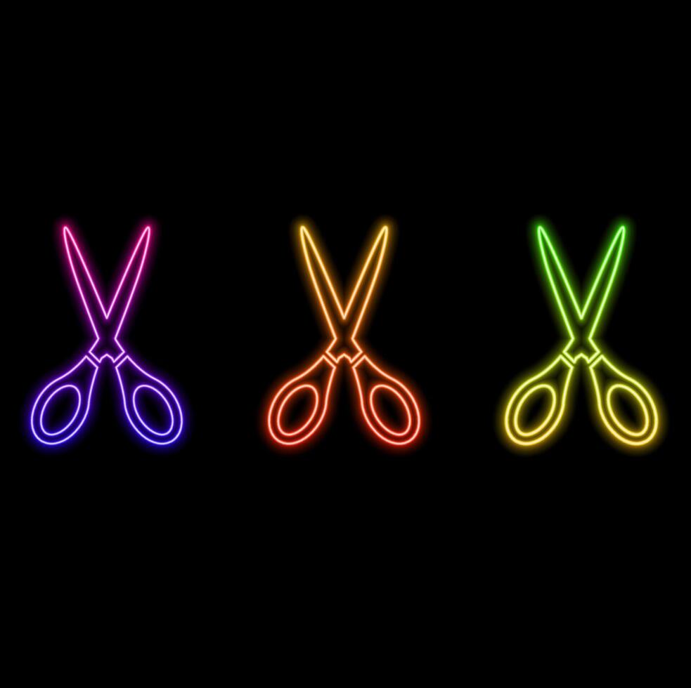 Glowing neon line Icon hairdresser scissors isolated on brick wall background. Hairdresser, fashion salon and barber. Barber shop symbol. vector