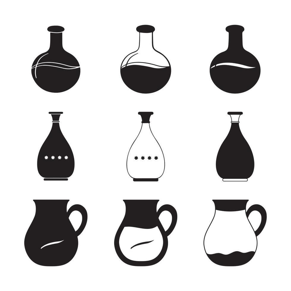 Collection of Vessel Icons. Jars, Vases, and Mugs in Simple Line and Silhouette Styles vector