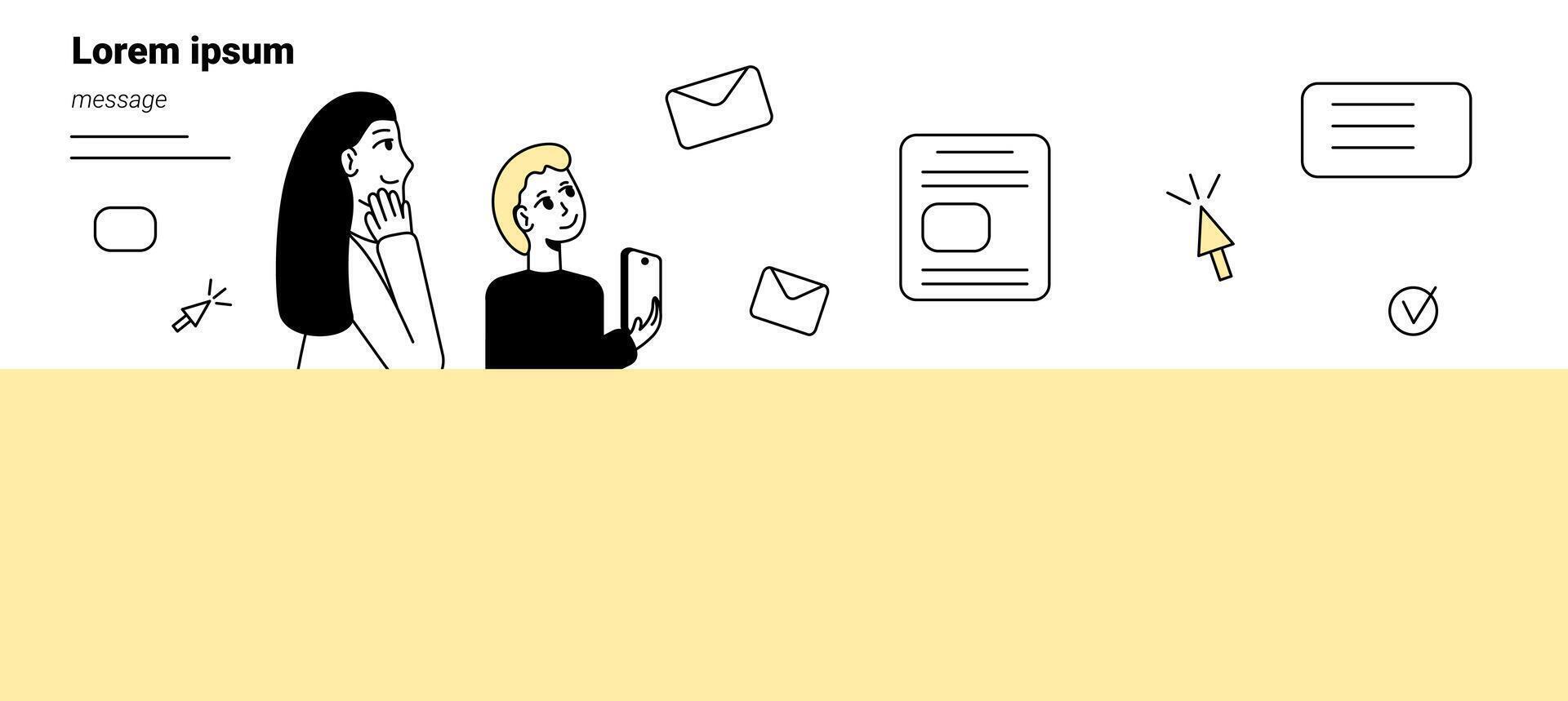 Banner on the theme of messages and mail letters. People receive messages and emails. illustration on the topic of communication on the Internet. vector