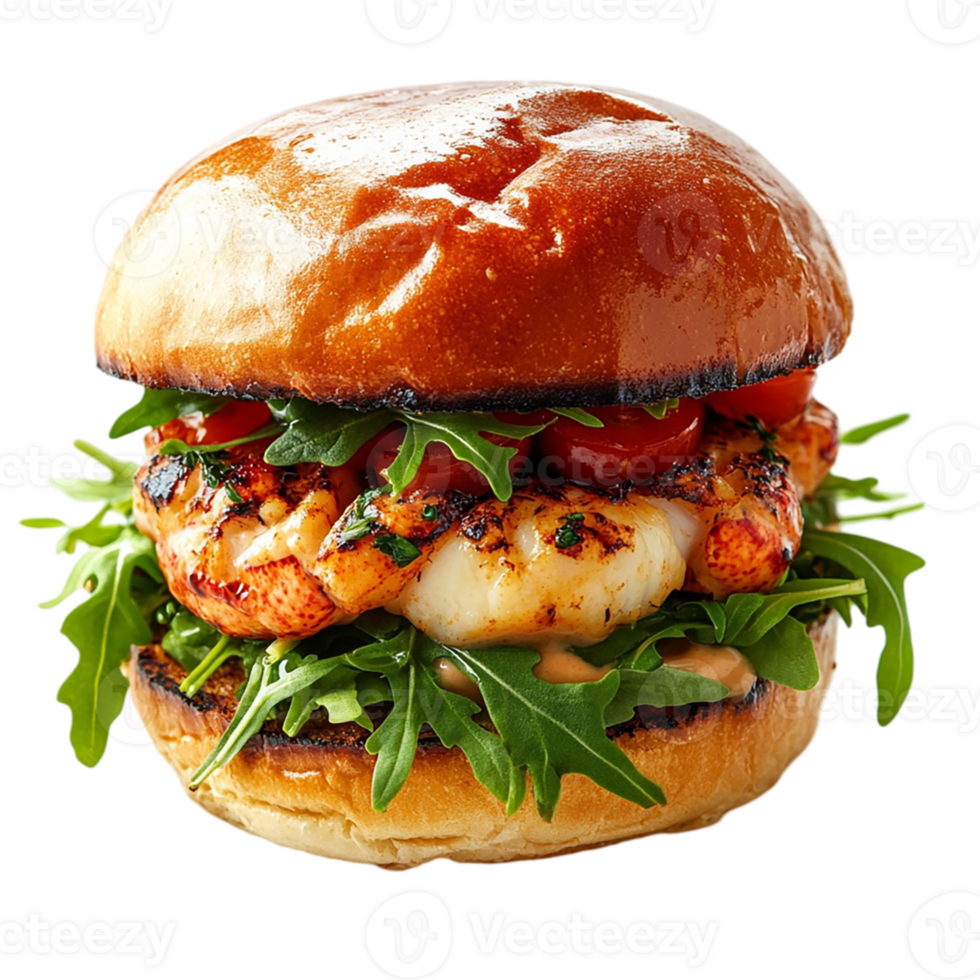 A burger with shrimp and arugula on it png