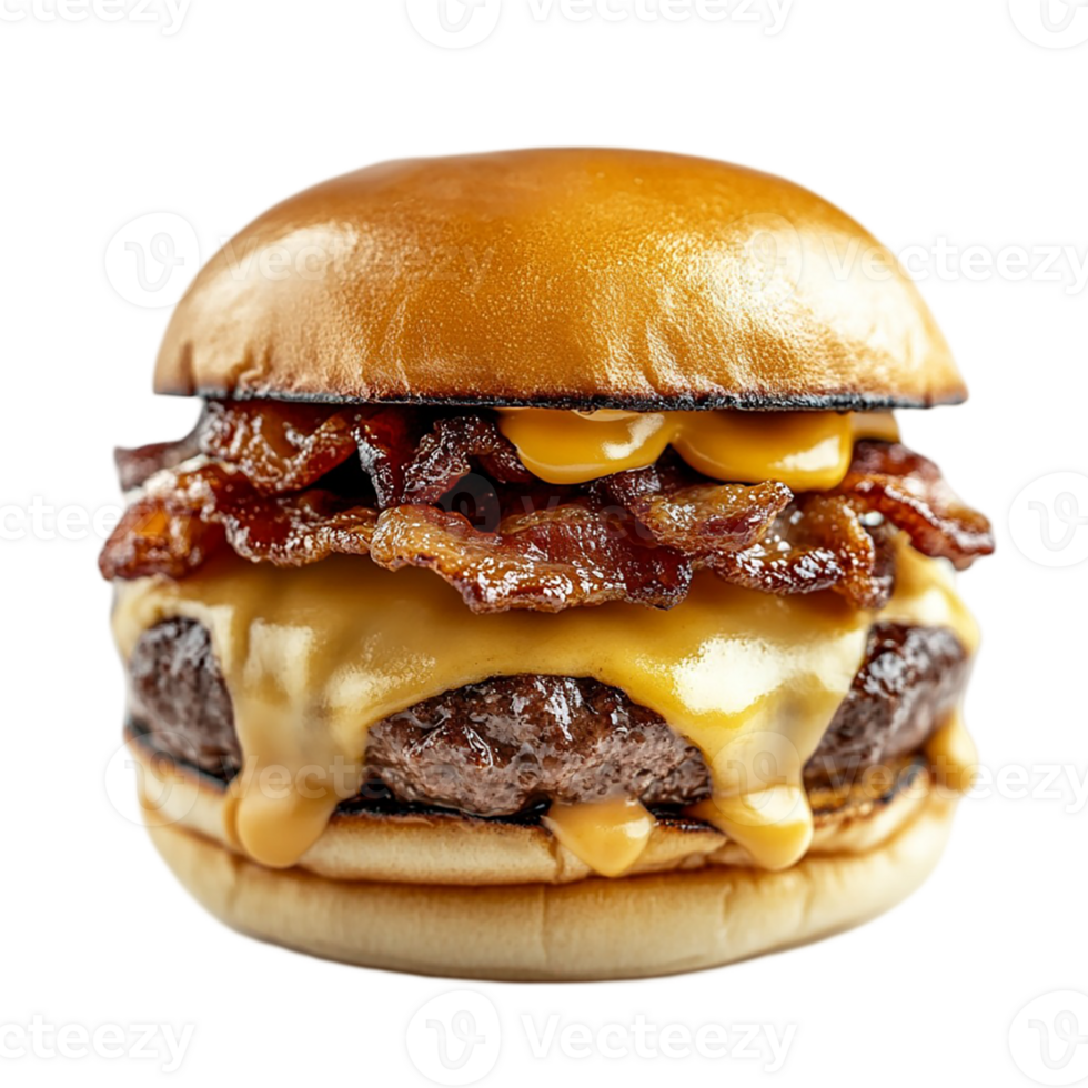 A cheeseburger with bacon and cheese on top png