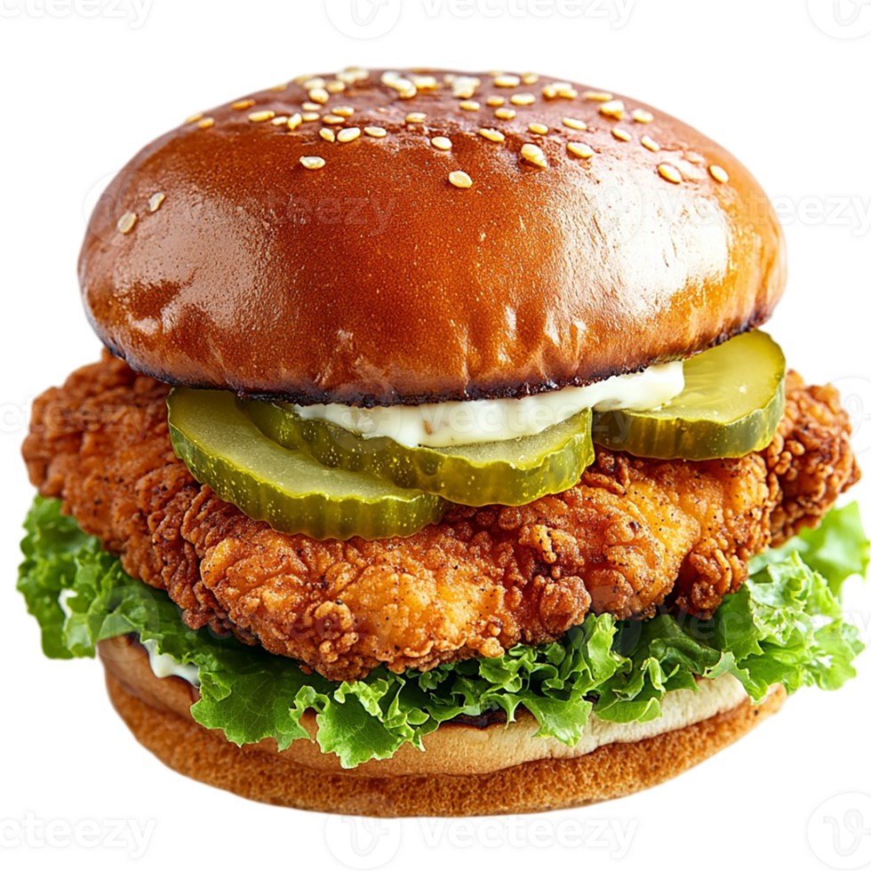 A chicken sandwich with lettuce and pickles png