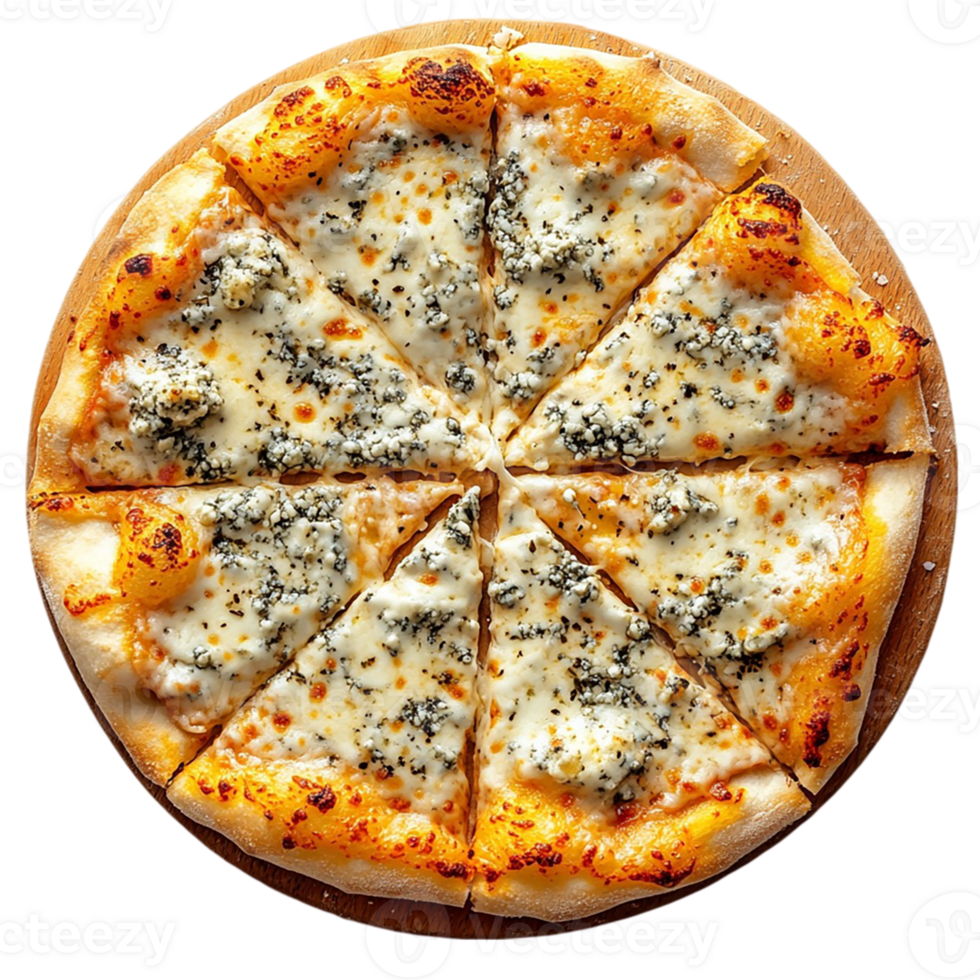 A pizza with cheese and toppings on a wooden board png