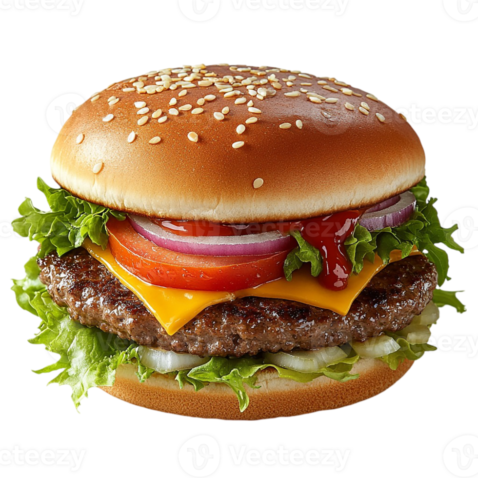 A hamburger with cheese, lettuce, and onions png