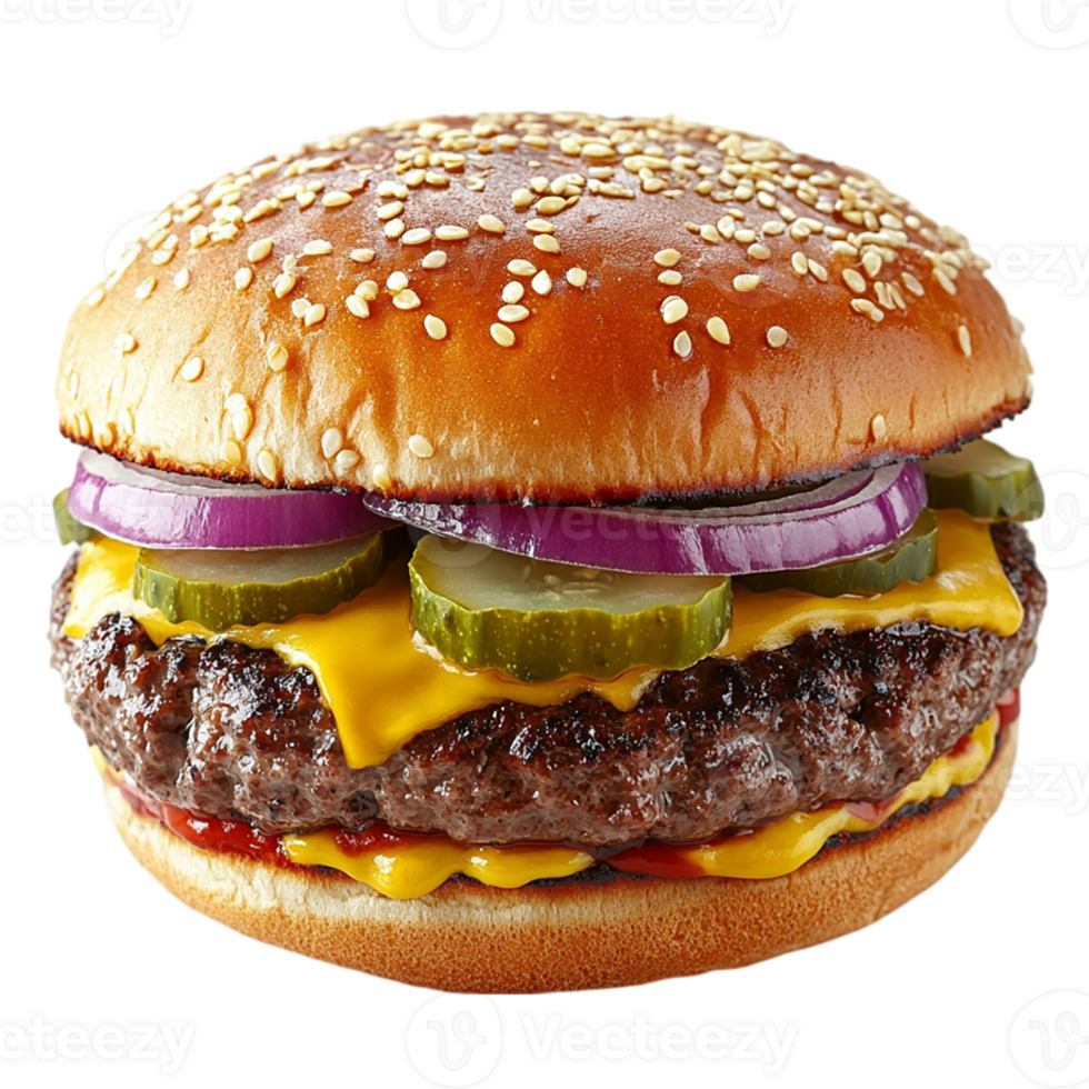 A hamburger with cheese, onions and pickles png